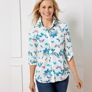 Talbots Butterfly Print Button Front Blouse Colorful Whimsy No Flaws